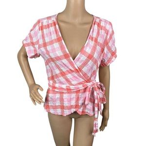 New Max Studio Gingham Wrap Top w/ Cap Sleeves in Pink/ White